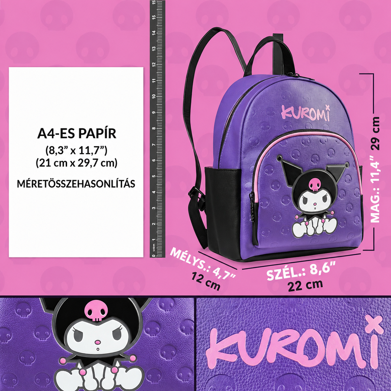 Lila Kuromi mini hátizsák méretei A4-es papírhoz hasonlítva: 29 × 22 × 12 cm