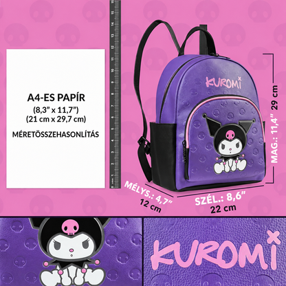 Lila Kuromi mini hátizsák méretei A4-es papírhoz hasonlítva: 29 × 22 × 12 cm