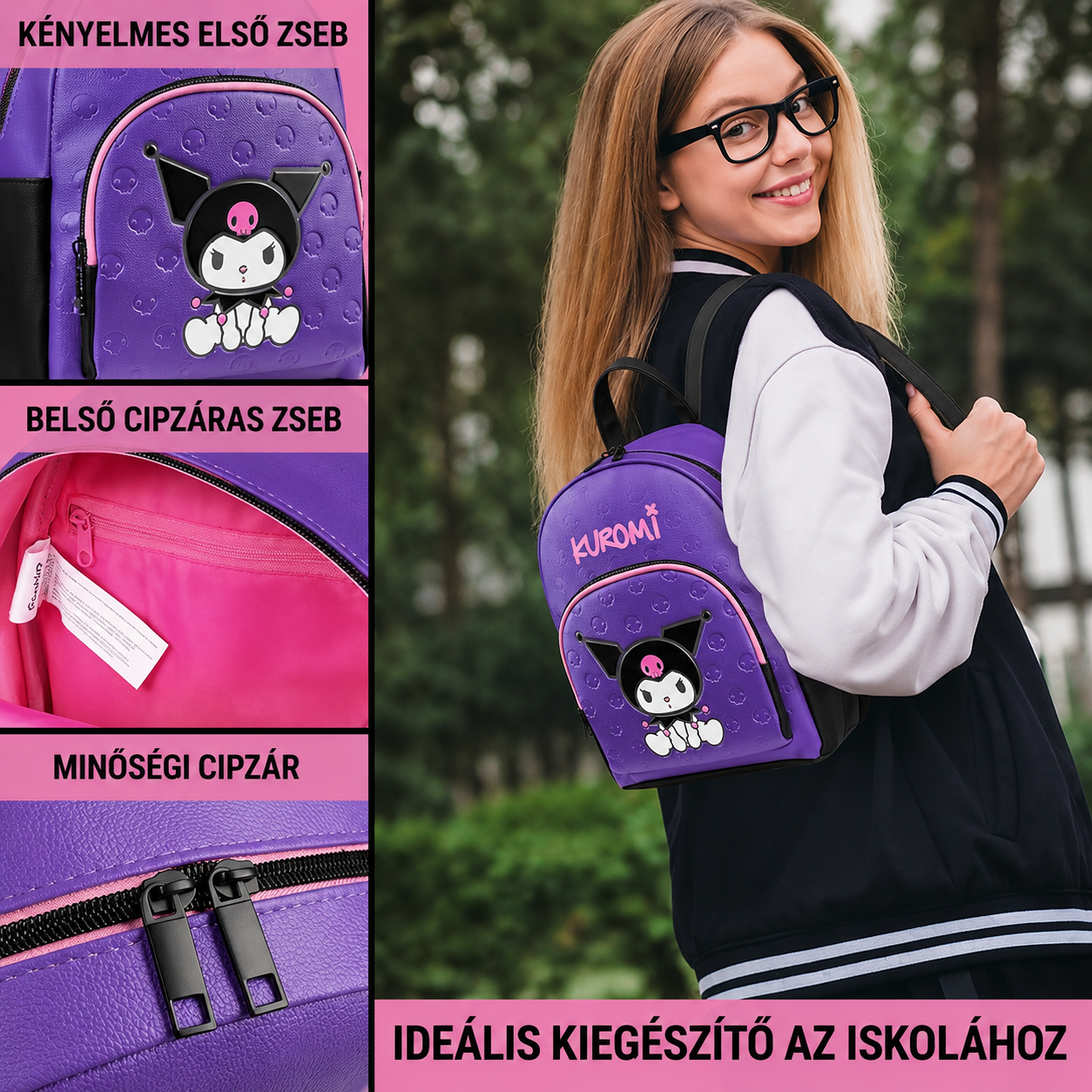 Lila Kuromi mini hátizsák elülső zsebe, belső cipzáras zsebe és cipzárhúzói, viselet közben
