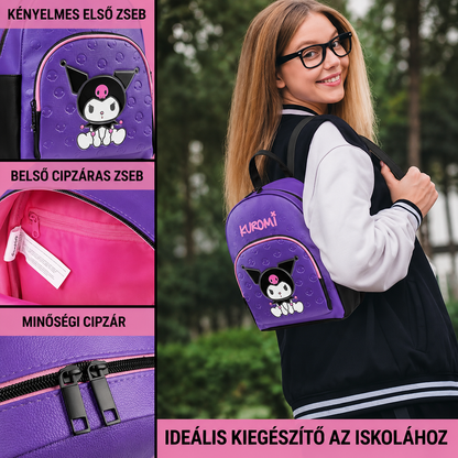 Lila Kuromi mini hátizsák elülső zsebe, belső cipzáras zsebe és cipzárhúzói, viselet közben