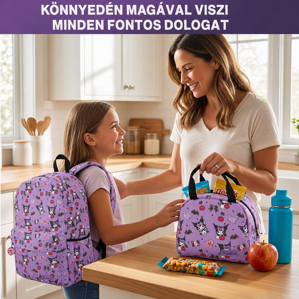 Kislány és anyukája a Kuromi uzsonnatáskát pakolják, mellette a hátizsák