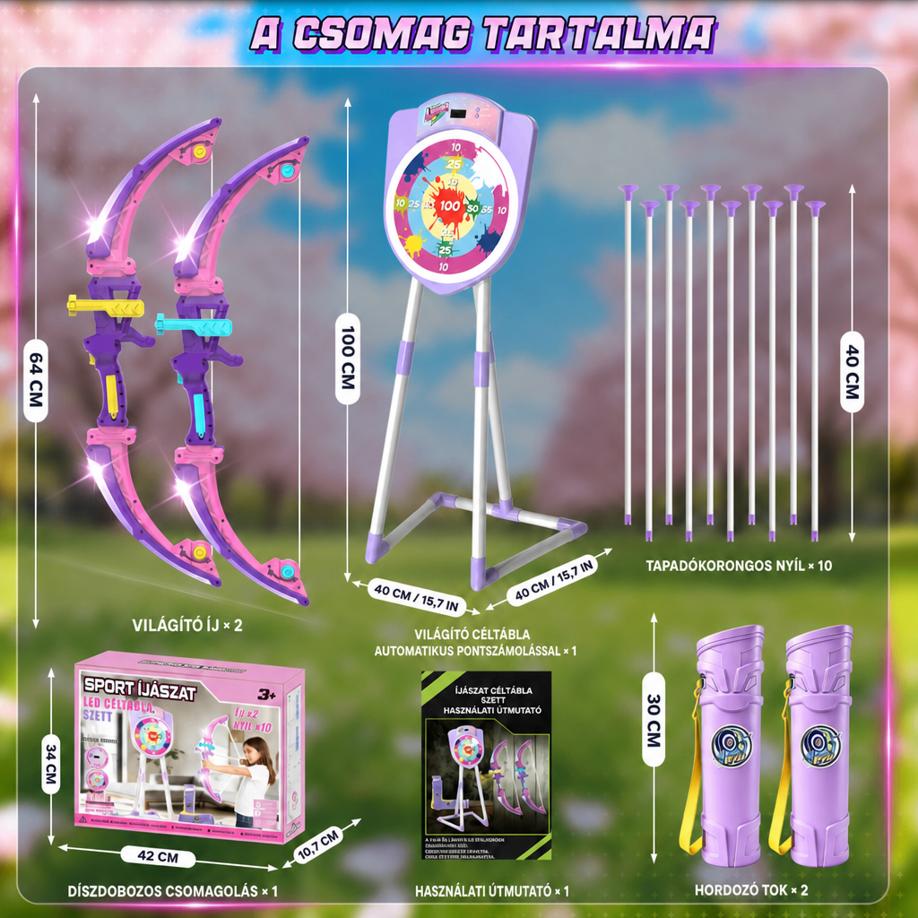 A LED íjászkészlet csomag tartalma méretekkel: 2 db 64 cm-es világító íj, 100 cm magas céltábla állvánnyal, 10 tapadókorongos nyíl, 2 tegez