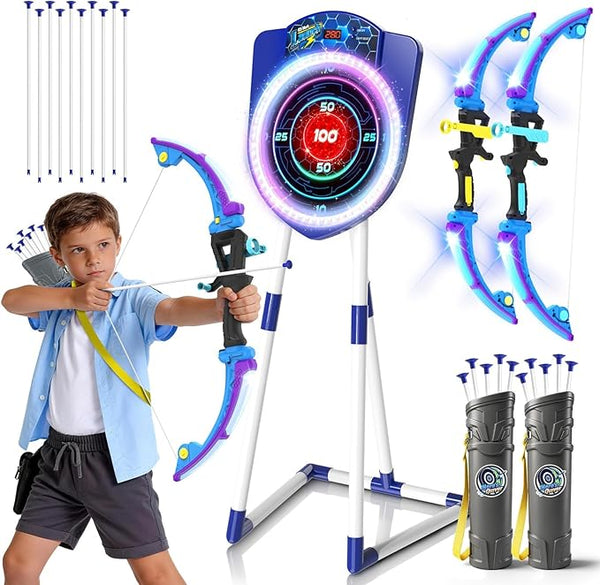 LED Íjászkészlet Gyerekeknek – 2 Világító Íj, Automata Pontszámláló Céltábla, 10 Tapadókorongos Nyíl