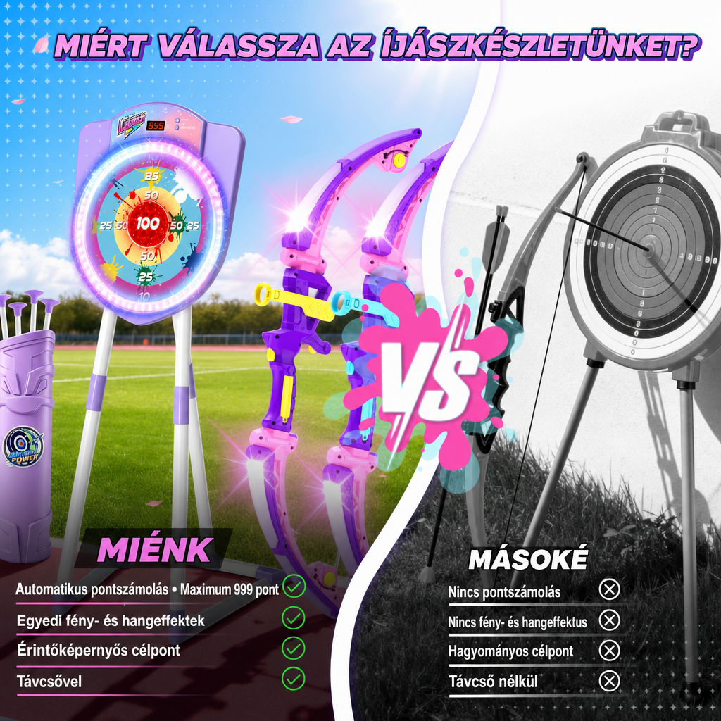 A LED íjászkészlet automata pontszámlálóval, fény- és hangeffektekkel szemben a hagyományos gyerek íjászszett pontszámlálás nélkül
