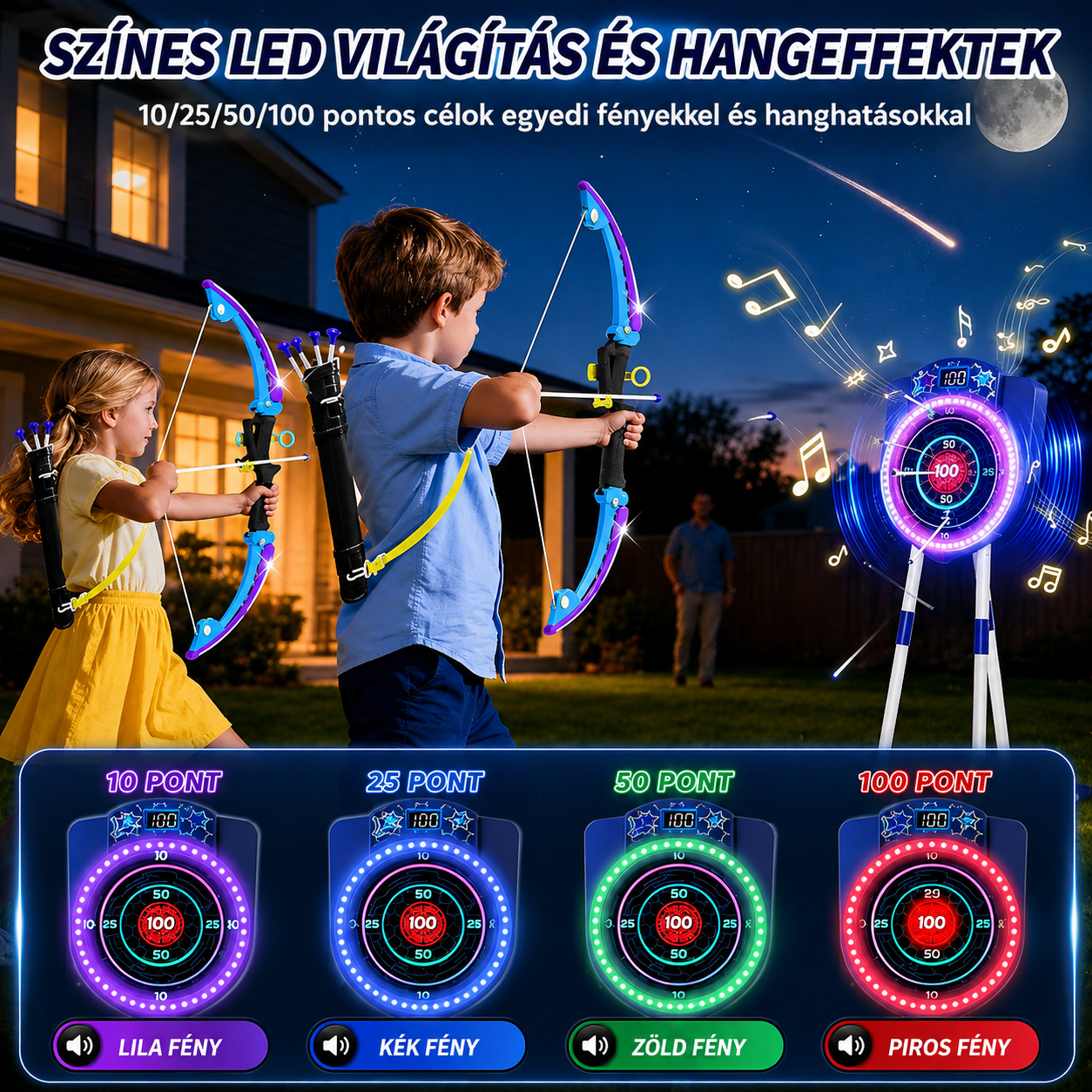 Két gyerek LED íjászkészlettel lő a világító céltáblára a kertben, a tábla a pontszámtól függően lila, kék, zöld vagy piros fénnyel villan