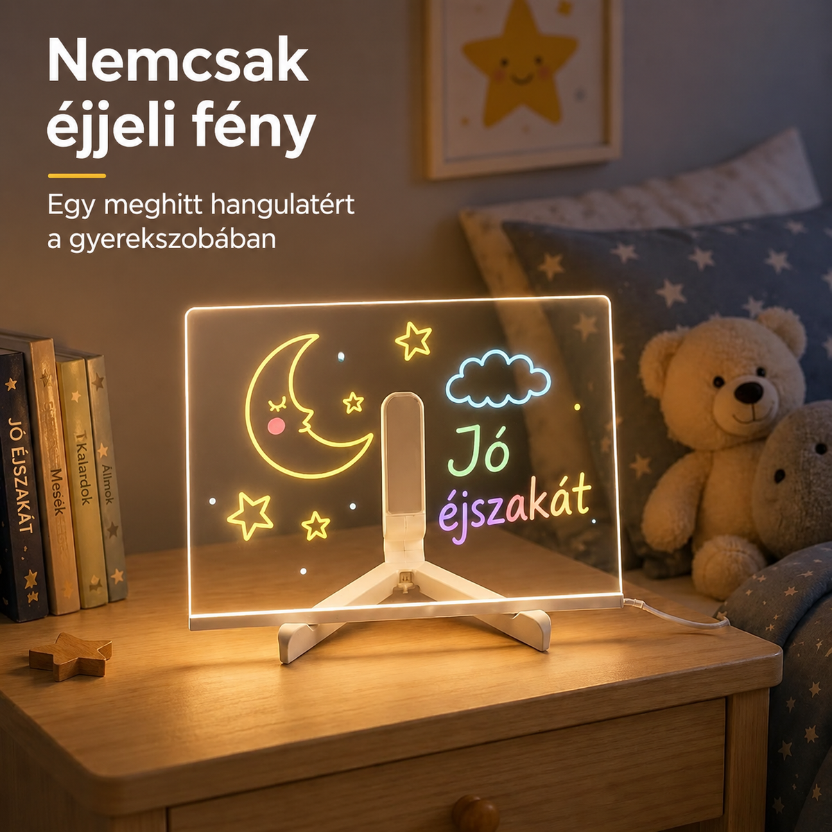 LED rajztábla éjjeli fényként a gyerek éjjeliszekrényén, holddal, csillagokkal és Jó éjszakát felirattal
