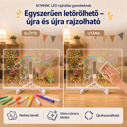 LED rajztábla letörlése nedves kendővel – előtte teli rajzokkal, utána tiszta akril lap