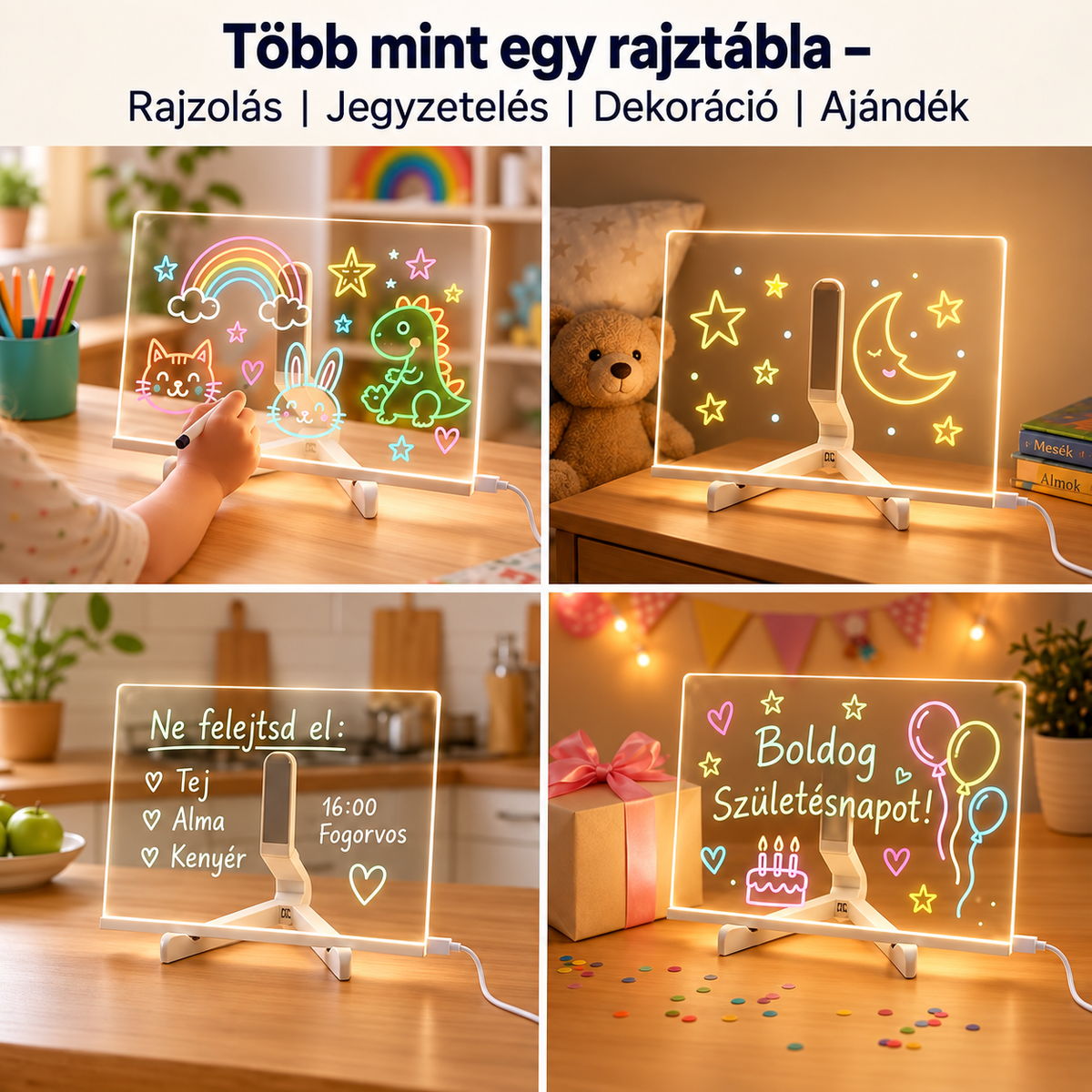LED rajztábla négyféle használata: gyerekrajz, éjjeli fény, bevásárlólista a konyhában és szülinapi felirat