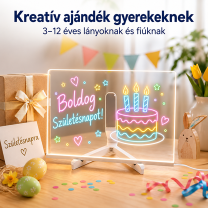 Világító LED rajztábla szülinapi ajándékként, Boldog Születésnapot felirattal és tortarajzzal