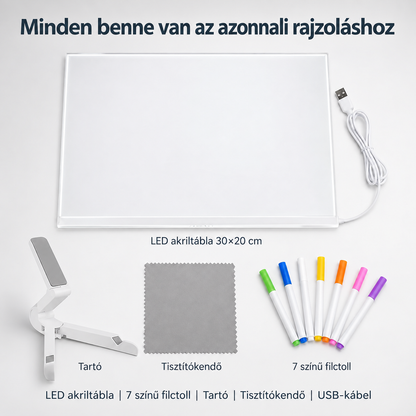 LED rajztábla csomag tartalma: 30×20 cm akril tábla állvánnyal, 7 színes filc és 2 törlőkendő