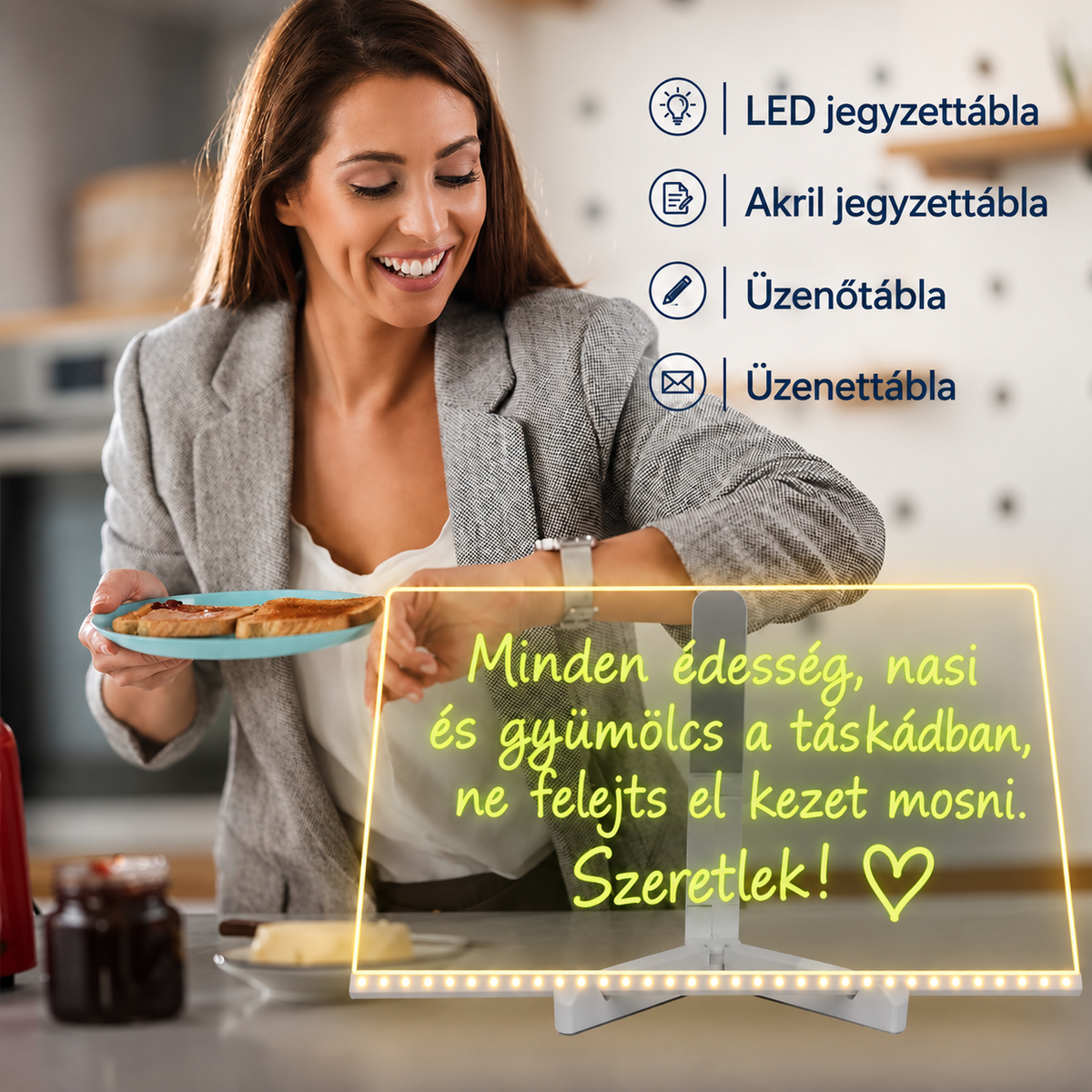 LED üzenőtábla a konyhapulton, anya kézzel írt reggeli üzenetével a gyereknek