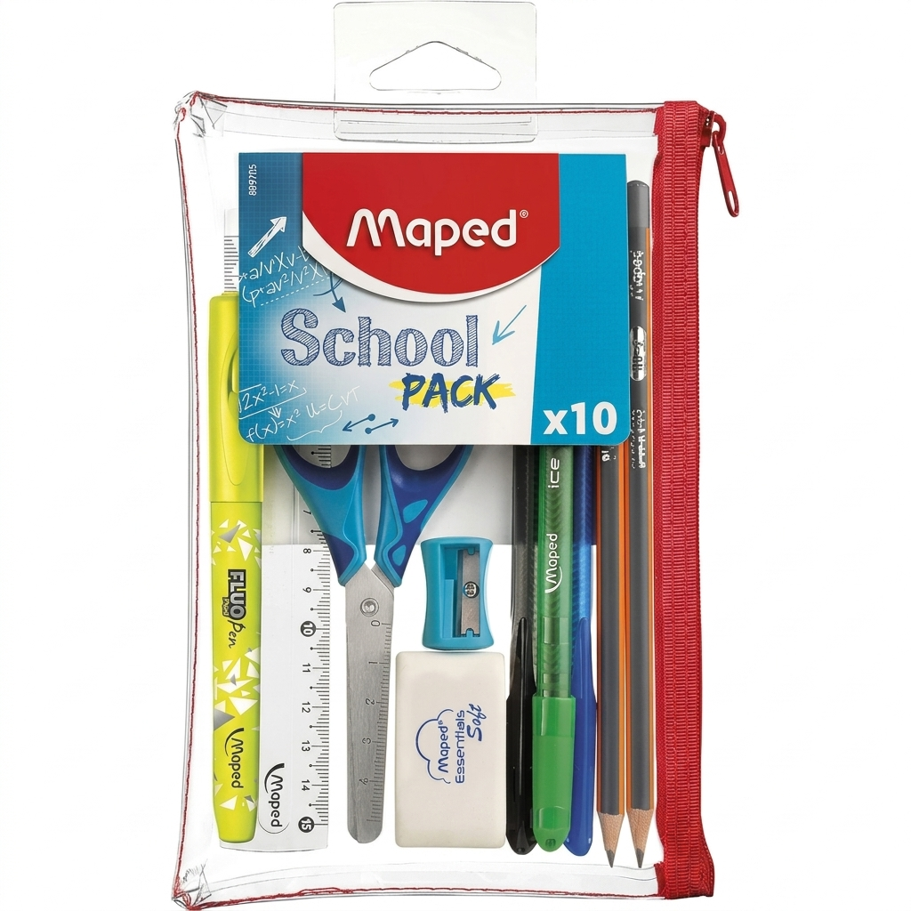 Maped School Pack felszerelt átlátszó tolltartó tollakkal, ceruzákkal, ollóval, vonalzóval és radírral