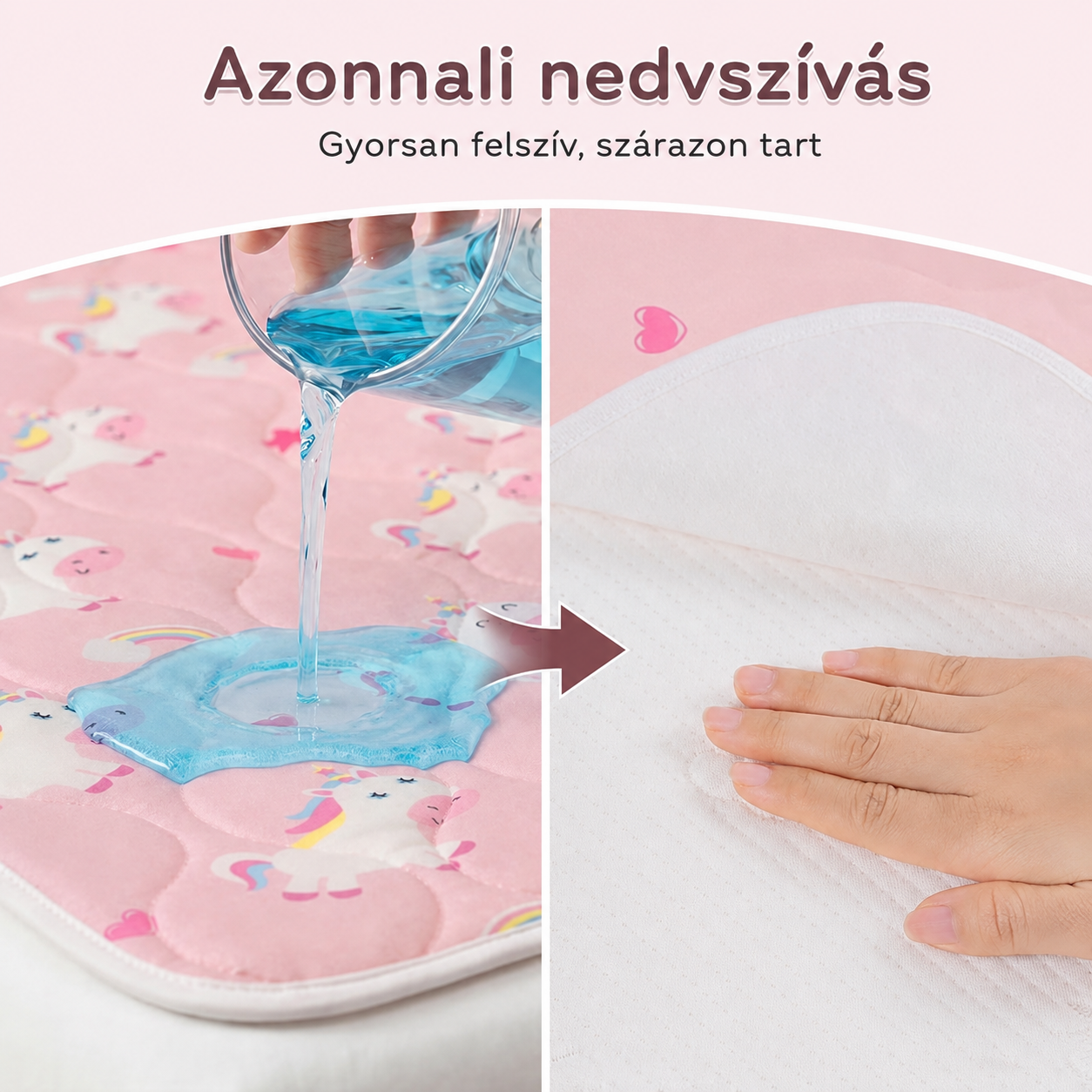 Nedvszívás teszt rózsaszín unikornis mintás gyerek matracvédőn, a felület azonnal felszívja a folyadékot
