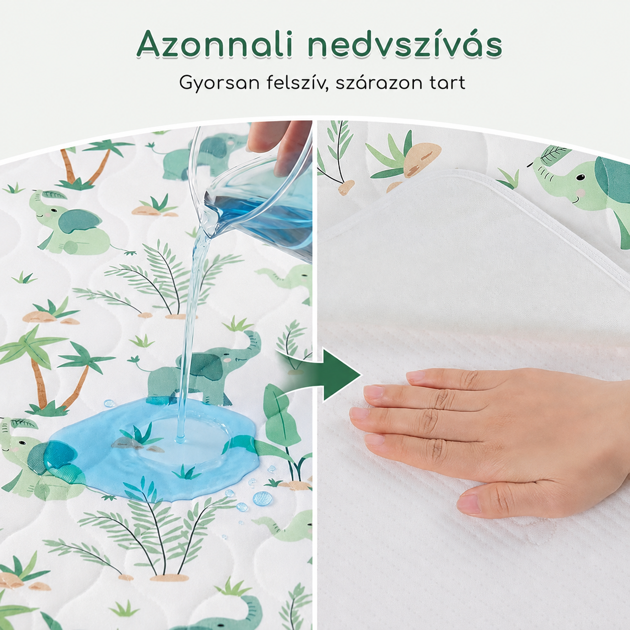Nedvszívás teszt: a gyerek matracvédő azonnal felszívja a folyadékot, a felület száraz marad