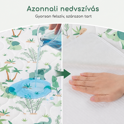 Nedvszívás teszt: a gyerek matracvédő azonnal felszívja a folyadékot, a felület száraz marad