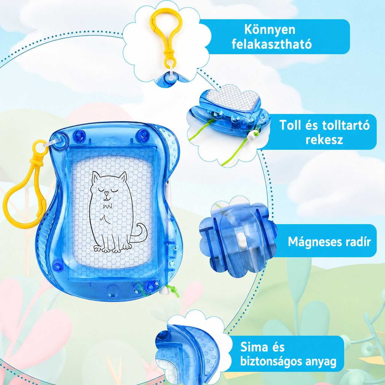 Mini mágnestábla jellemzői – felakasztható karabiner, toll és tolltartó rekesz, mágneses radír, sima felület