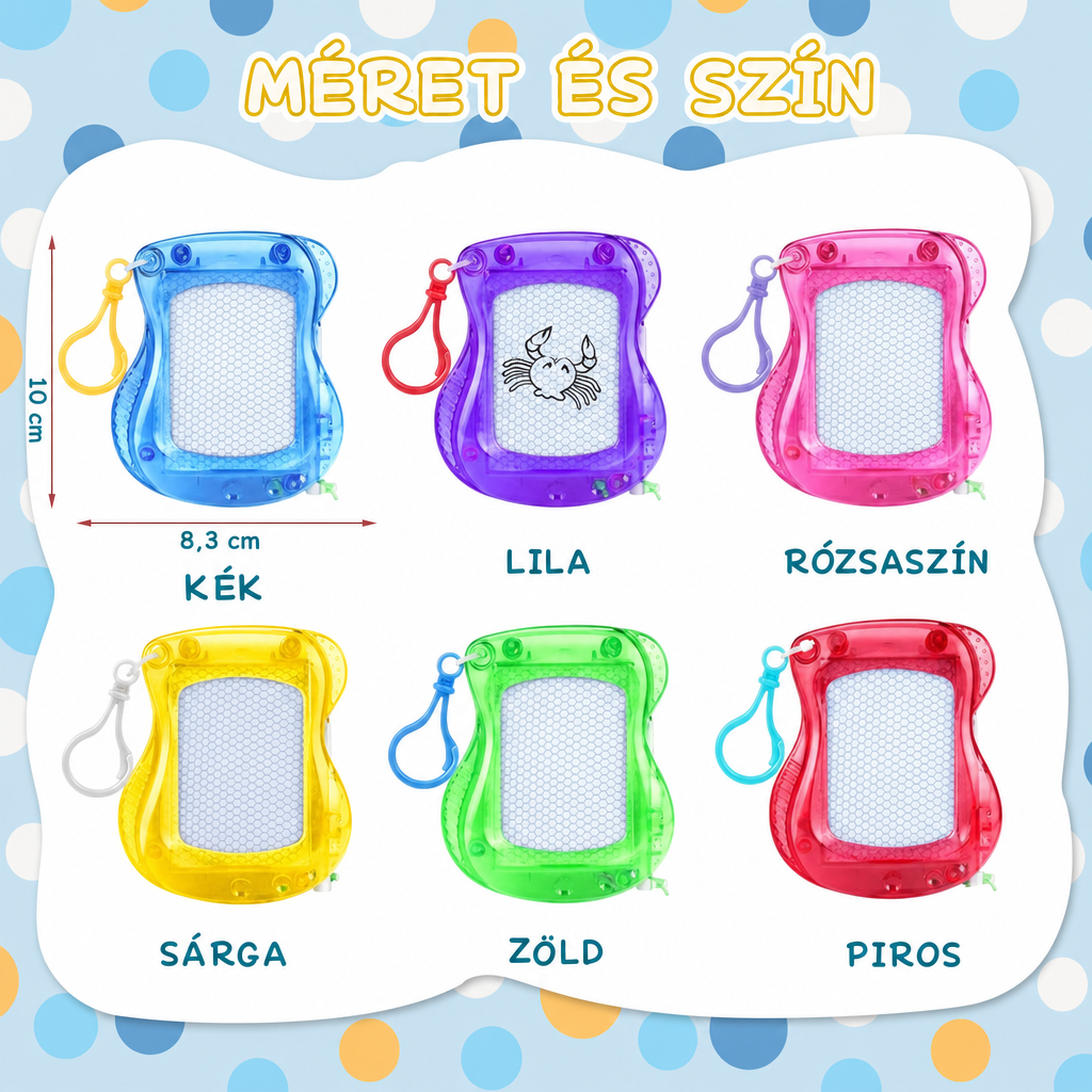 Mini mágnestábla kulcstartó mérete 8,3 × 10 cm, hat színben: kék, lila, rózsaszín, sárga, zöld és piros