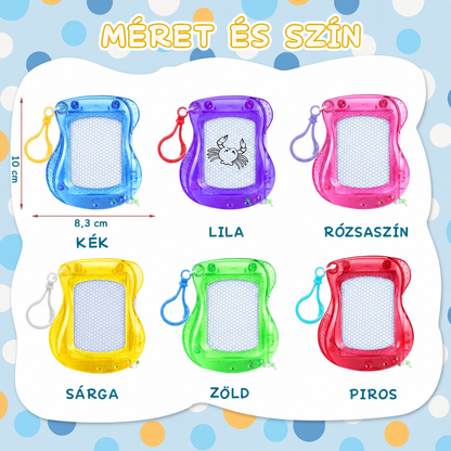 Mini mágnestábla kulcstartó mérete 8,3 × 10 cm, hat színben: kék, lila, rózsaszín, sárga, zöld és piros