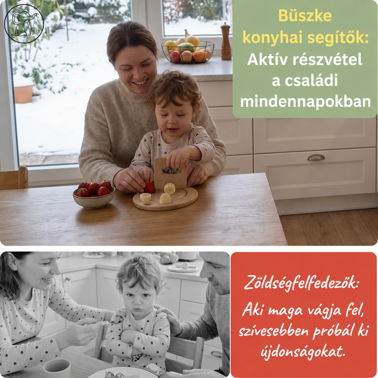 Gyerek anyával fa gyerekkéssel epret és banánt vág – aki maga vágja fel, szívesebben kóstol újat