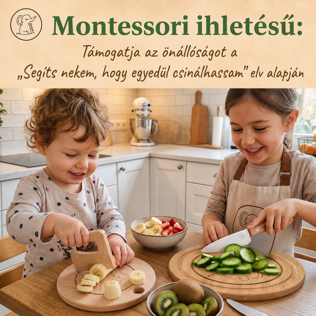 Két gyerek a konyhában Eli fa gyerekkéssel banánt és uborkát szeletel – Montessori ihletésű, BaBo KidsTools