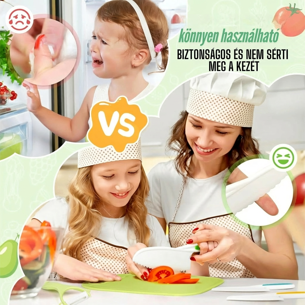 Mosolygó édesanya és kislánya bontják ki a zöld Kids Kitchen Set ajándékdobozt, "Különleges ajándék a gyermekednek" felirattal.