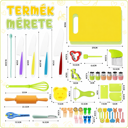 A BaBo Montessori gyerekkés szett 47 darabjának pontos méretei centiméterben: kések, vágódeszkák, formák, nyújtófa, habverő.
