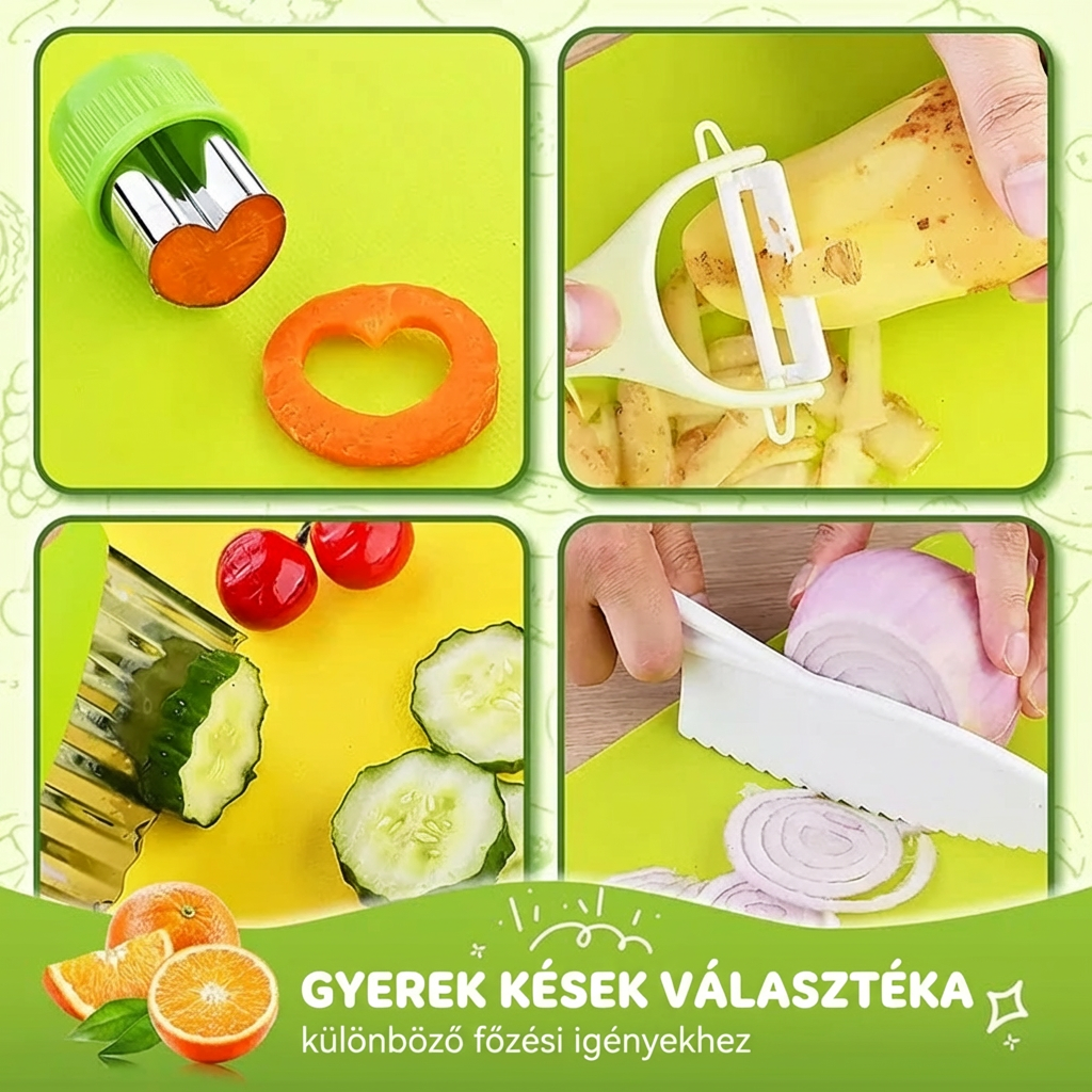 Négy részből álló montázs, amely bemutatja a Montessori konyhai készlet eszközeit használat közben: répa szív alakú kiszúrása, burgonya hámozása zöldséghámozóval, uborka szeletelése hullámos vágóval és lila hagyma aprítása biztonságos műanyag gyerekkéssel. A képen a 'Gyerek kések választéka különböző főzési igényekhez' felirat szerepel.