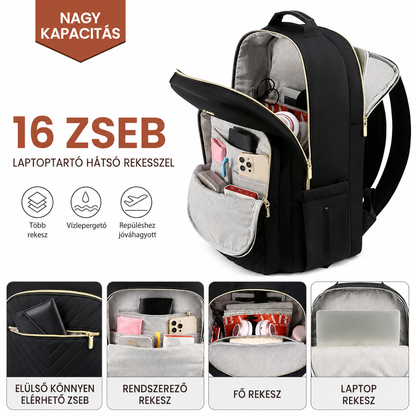 Női hátizsák belső rekeszei: elülső zseb, rendszerező rekesz, fő rekesz és hátsó laptoptartó