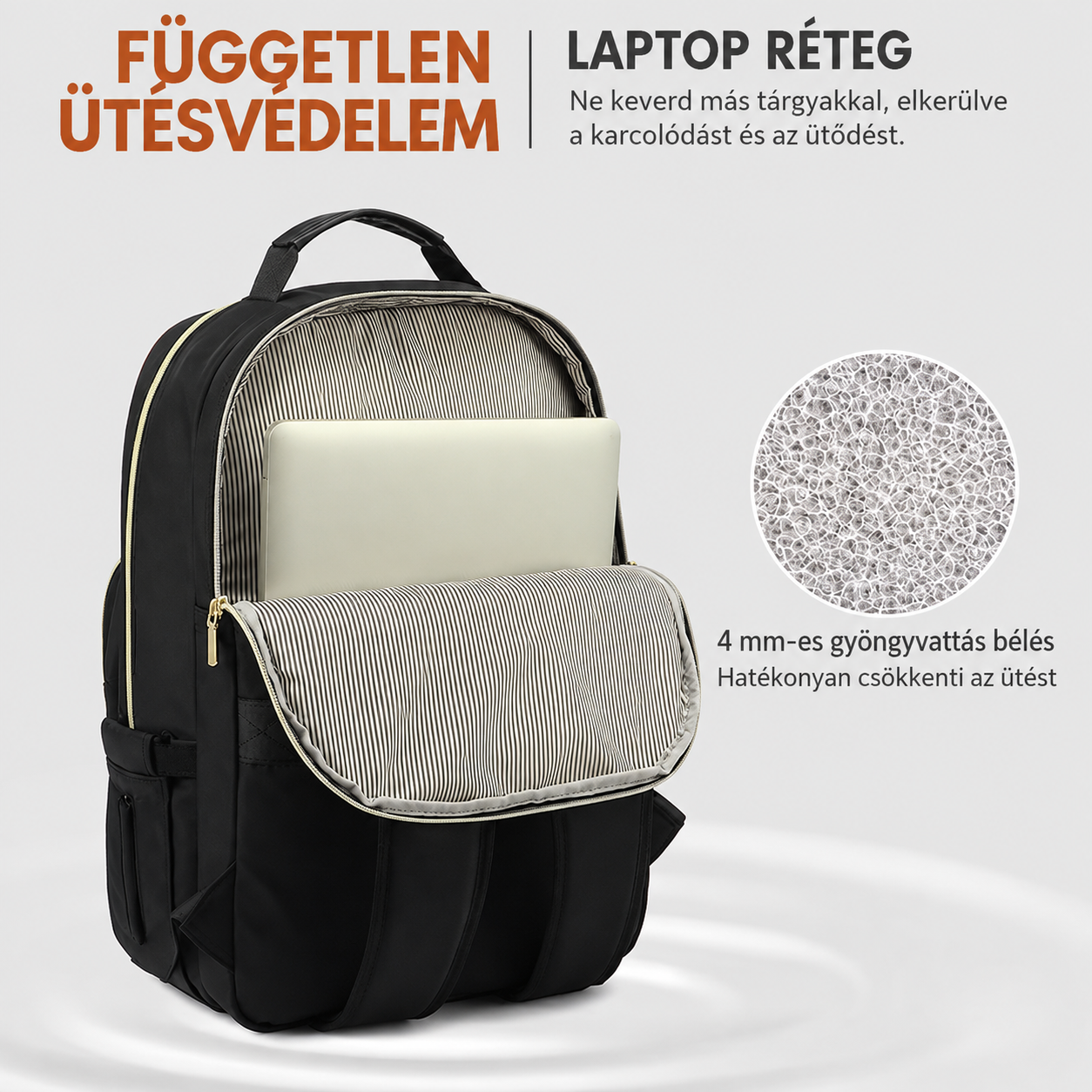 Női hátizsák külön párnázott laptoprekesze 4 mm-es habbéléssel, benne 15,6 colos laptop