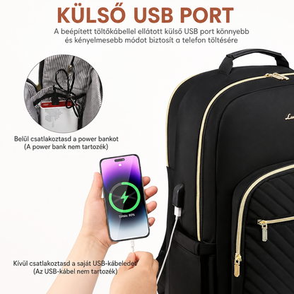 Női hátizsák külső USB portja, belül csatlakoztatott powerbankkal és kívül töltő telefonnal