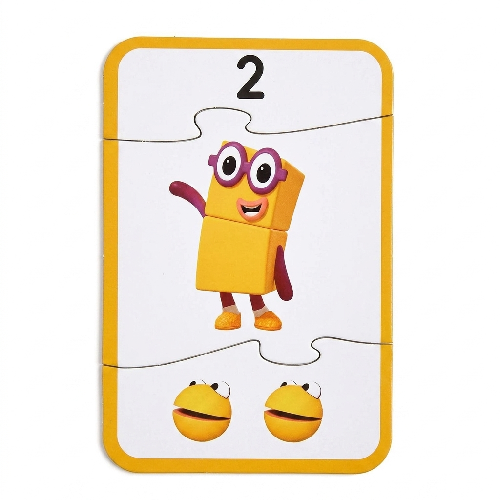 Kirakott Numberblocks puzzle a 2-es számmal, a szemüveges Kettő figurával és két számpöttyel
