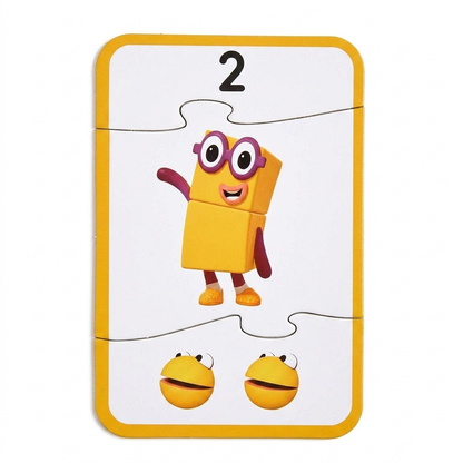 Kirakott Numberblocks puzzle a 2-es számmal, a szemüveges Kettő figurával és két számpöttyel