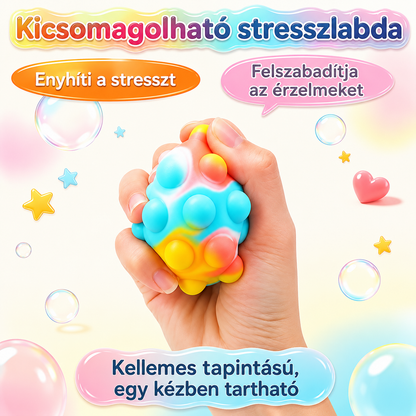 Puha szilikon pop it stresszlabda összeszorítva – egy kézben tartható, kellemes tapintású nyomkodós labda