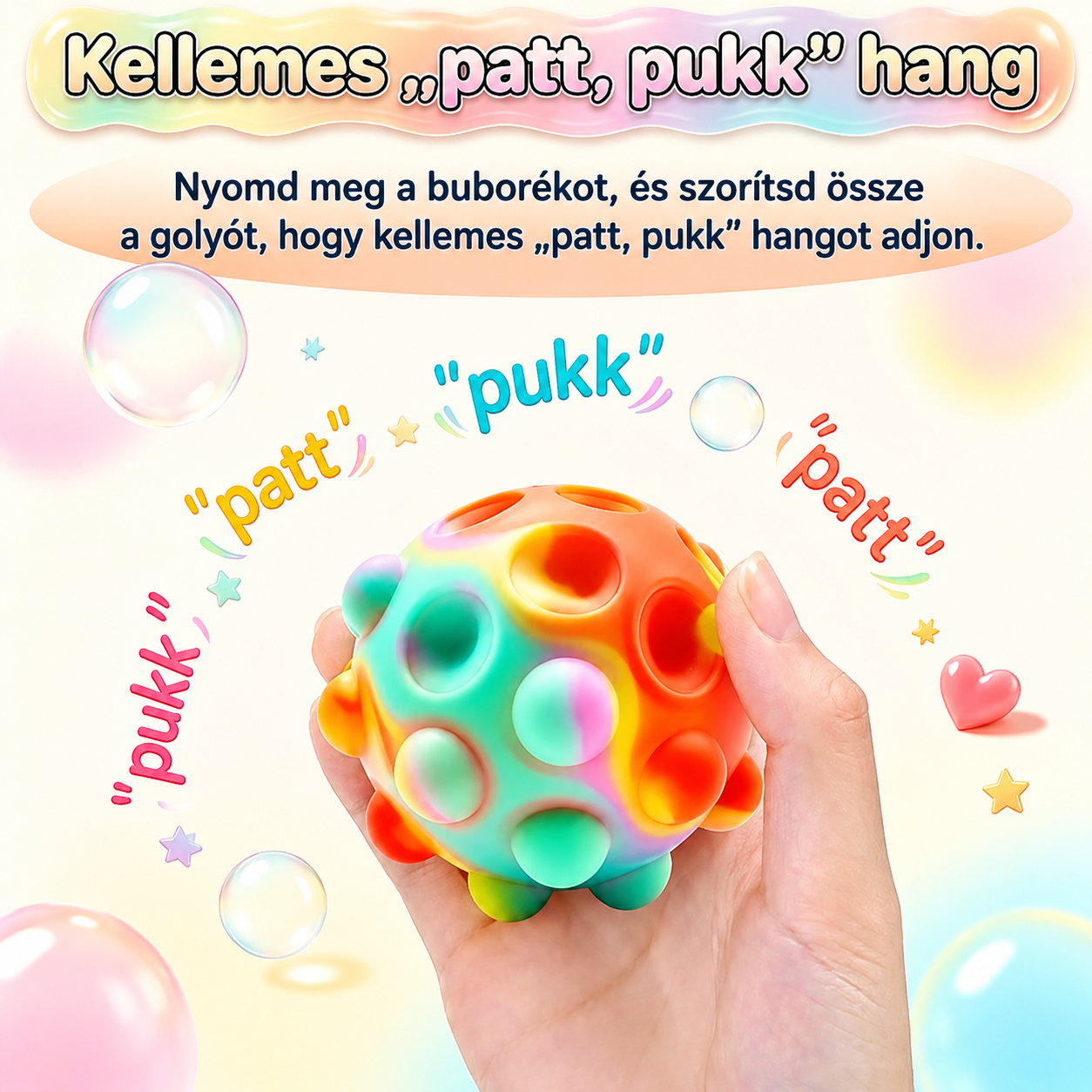 Pop it stresszlabda kézben – a buborékok benyomásakor patt, pukk hangot ad