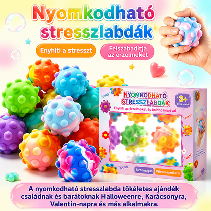 Színes nyomkodható stresszlabdák dobozos csomagolásban – ajándéknak karácsonyra, Valentin-napra és szülinapra, 3 éves kortól