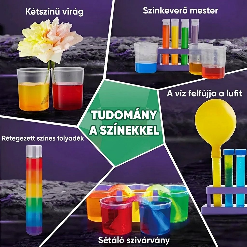 Színes tudományos kísérletek gyerekeknek – kétszínű virág, színkeverés, rétegezett folyadék, szivárvány és lufifújás