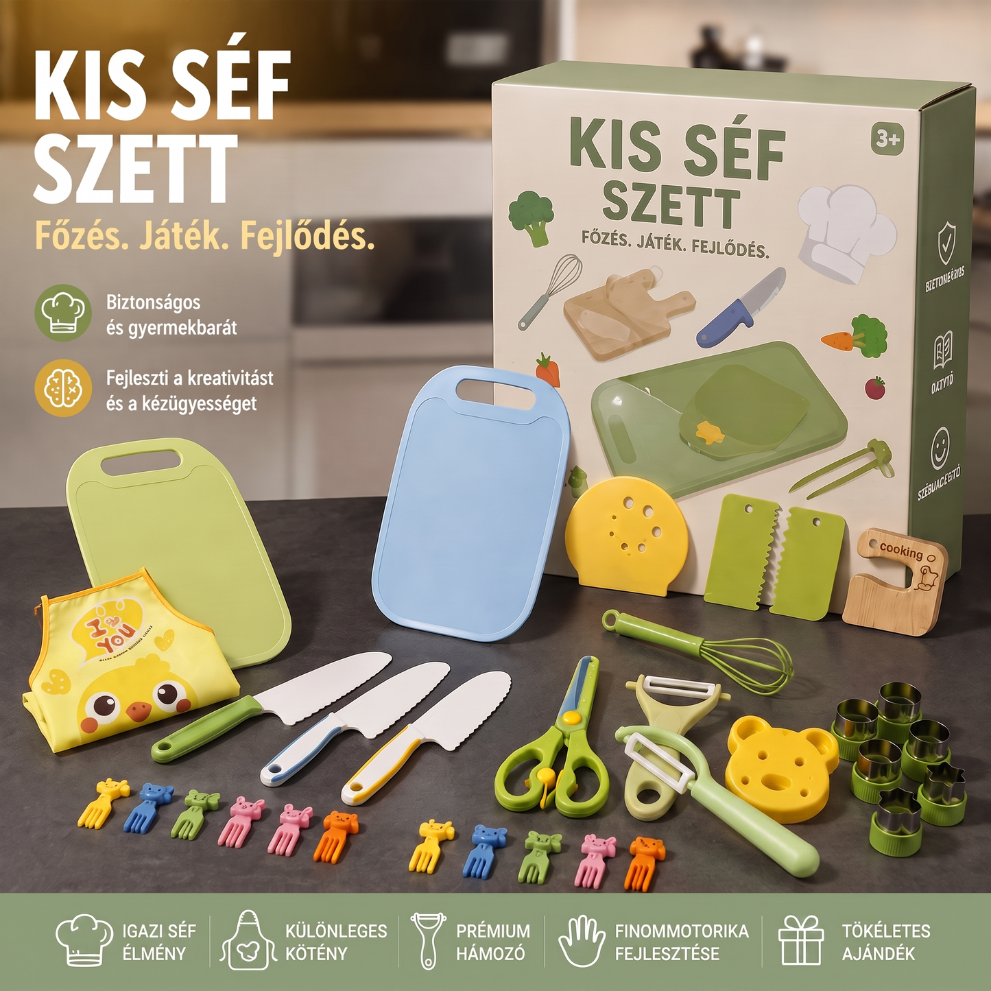 A Tanévkezdő Séfszett tartalma kiterítve: két vágódeszka, három
gyerekkés, fa Montessori-kés, hámozó, olló, habverő, kötény,
kiszúró formák és gyümölcsvillák