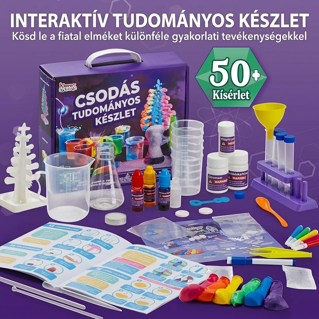 Tudományos kísérletező készlet teljes tartalma – kémcsövek, lombik, festékek, citromsav, szódabikarbóna és kísérletfüzet