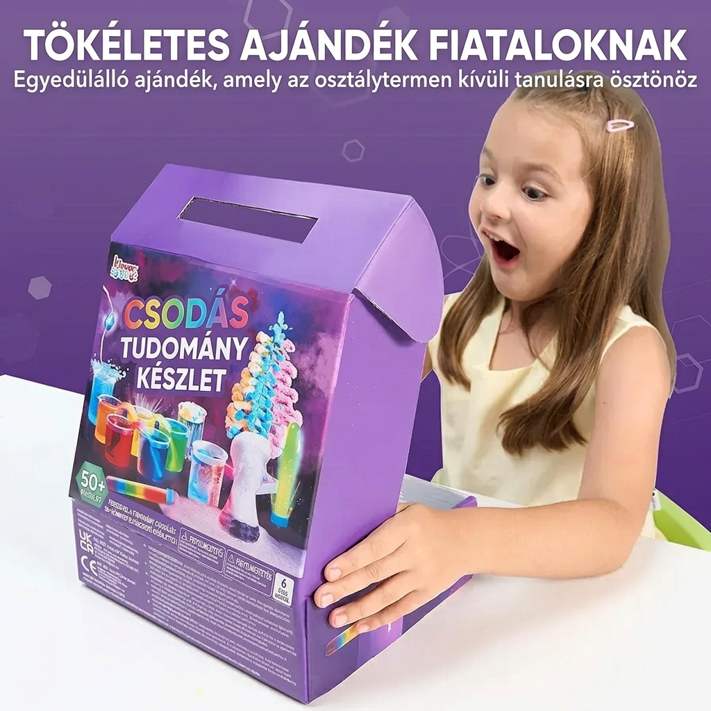 Kislány örömmel nyitja ki az 50+ tudományos kísérletező készletet – tökéletes ajándék 6 éves kortól