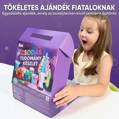 Kislány örömmel nyitja ki az 50+ tudományos kísérletező készletet – tökéletes ajándék 6 éves kortól
