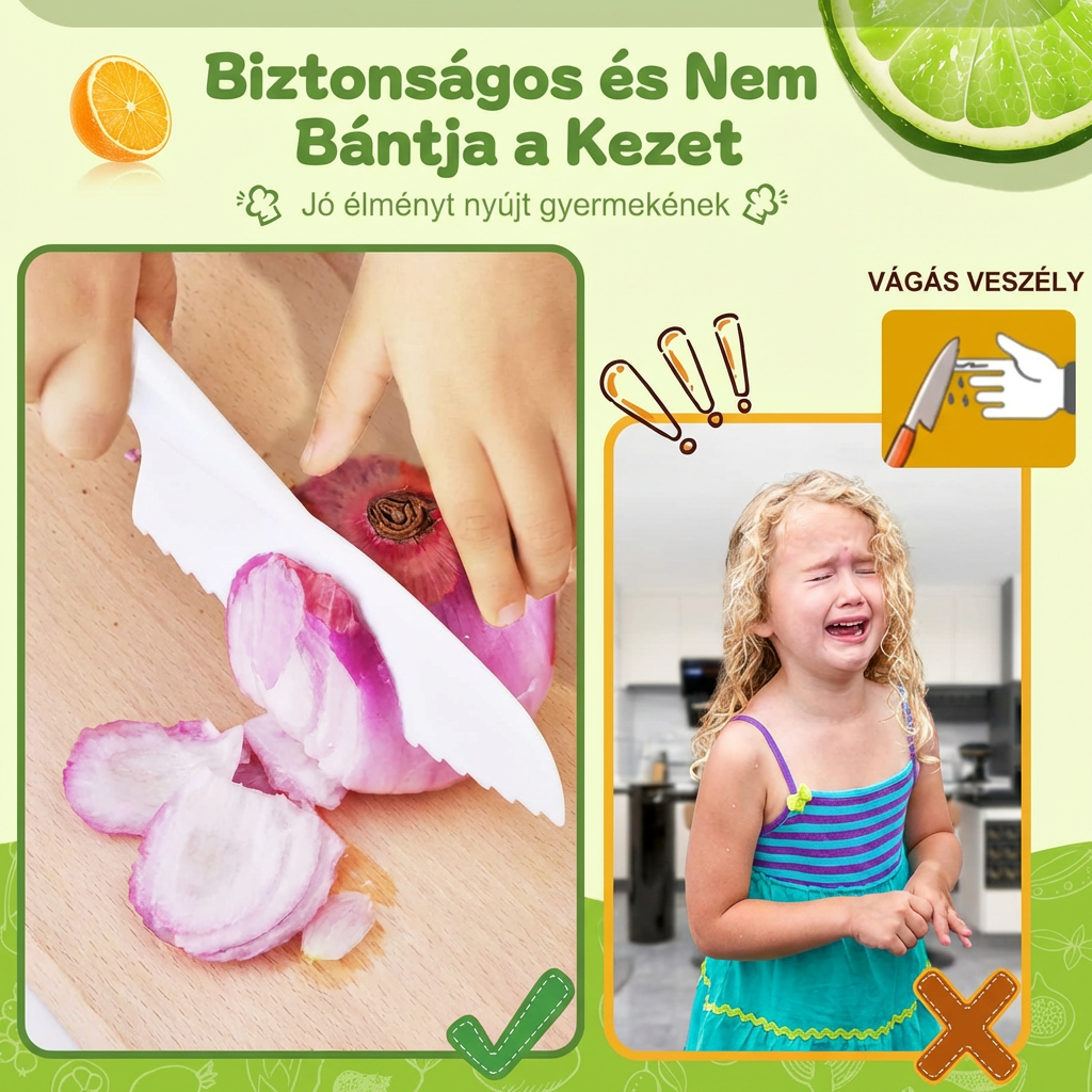 Biztonságos Montessori gyerekkés használat közben, amint egy kisgyermek épp lilahagymát vág vele. A kép jobb oldala a hagyományos kések vágási veszélyére és a konyhai balesetek elkerülésére hívja fel a figyelmet.
