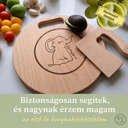 Eli bükkfa gyerekkés és kerek vágódeszka elefánt mintával, az első biztonságos fa konyhakéskészlet