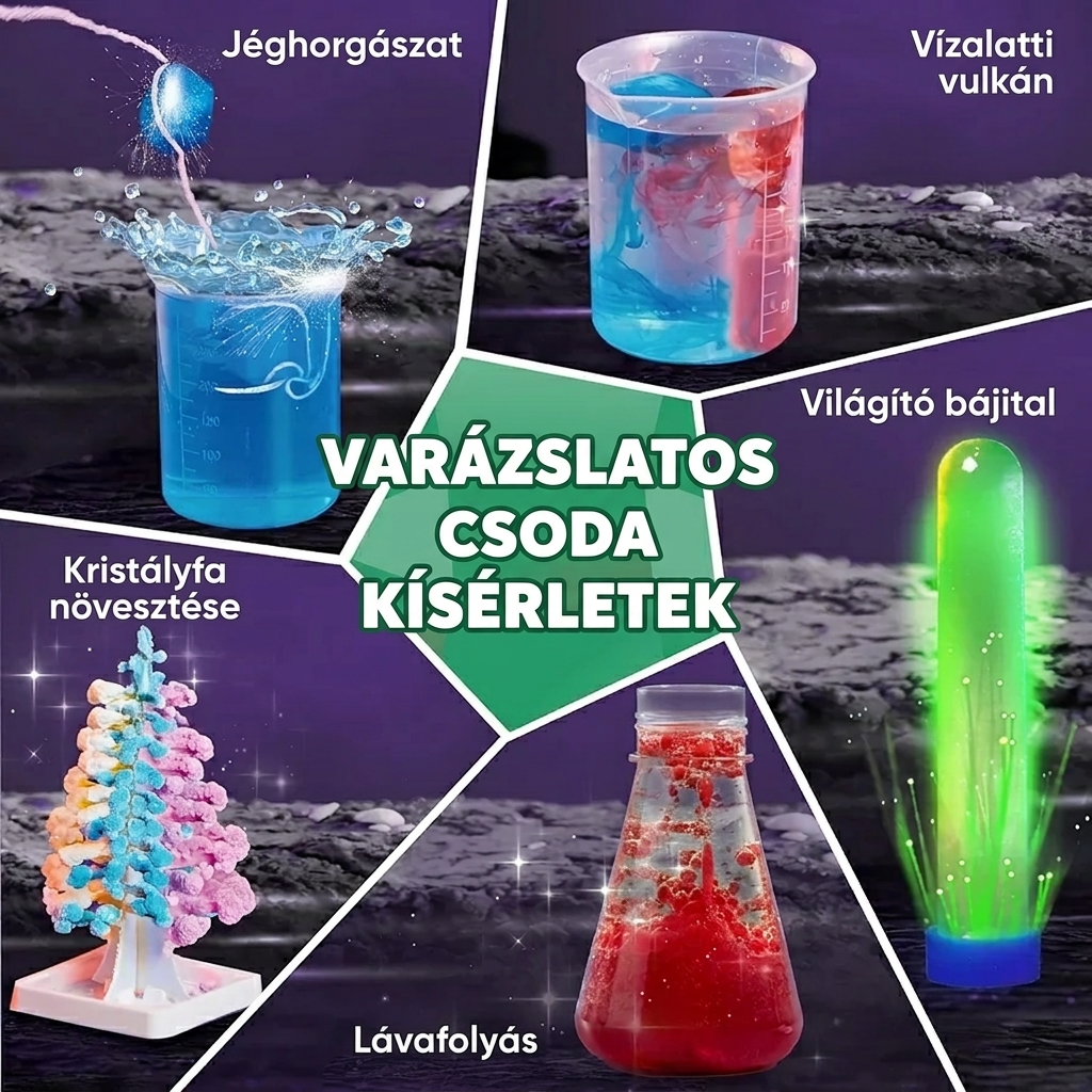 Varázslatos tudományos kísérletek – jéghorgászat, vízalatti vulkán, kristályfa növesztése, lávafolyás és világító bájital