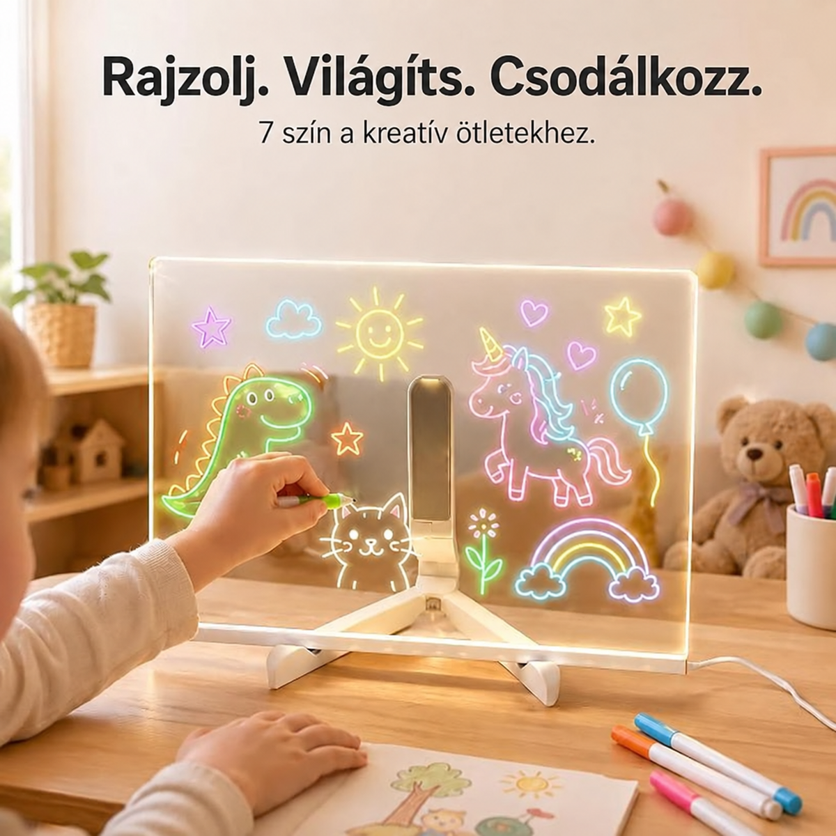 Gyerek dinót, unikornist és cicát rajzol a világító LED rajztáblára hét színes filccel