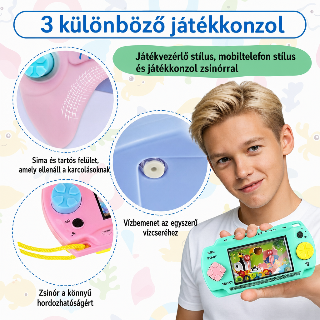 Vízi flipper három formában – játékvezérlő, mobiltelefon és zsinóros konzol, vízbemenettel az egyszerű vízcseréhez