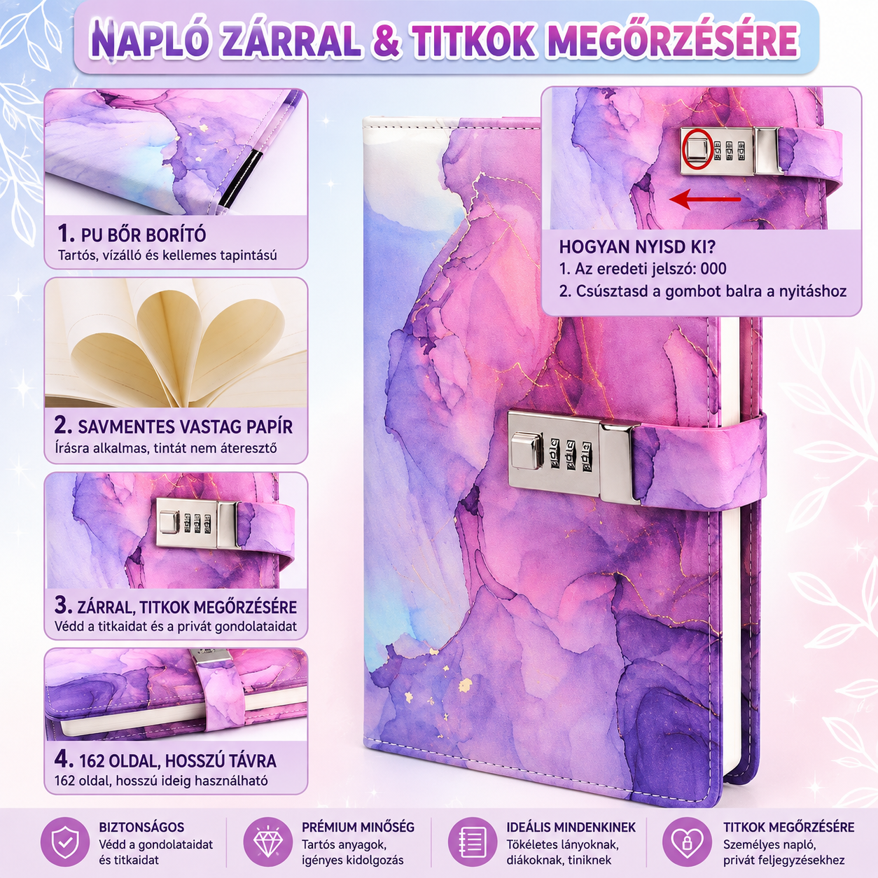 Lila márványmintás zárható napló számkódos zárral, PU bőr borítóval és vastag papírral