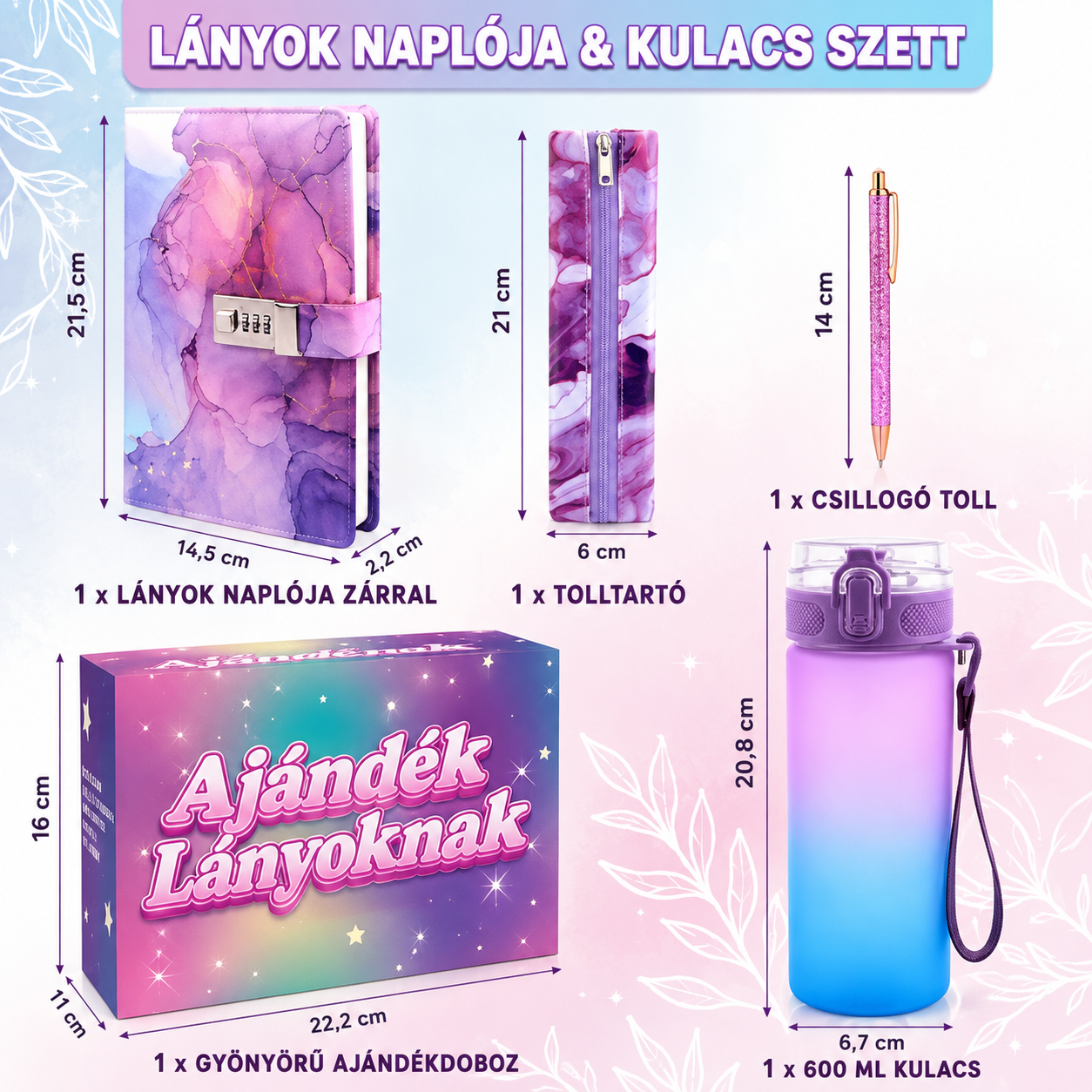 A naplószett négy darabja méretekkel: napló, tolltartó, csillogó toll, 600 ml-es kulacs és ajándékdoboz